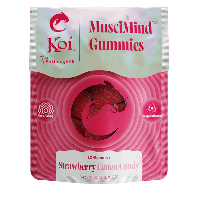 A pink package of Koi MusciMind Mushroom Gummies, highlighting a strawberry cotton candy flavor. Each of the 10 fast-acting gummies contains a mushroom blend infused with magic.