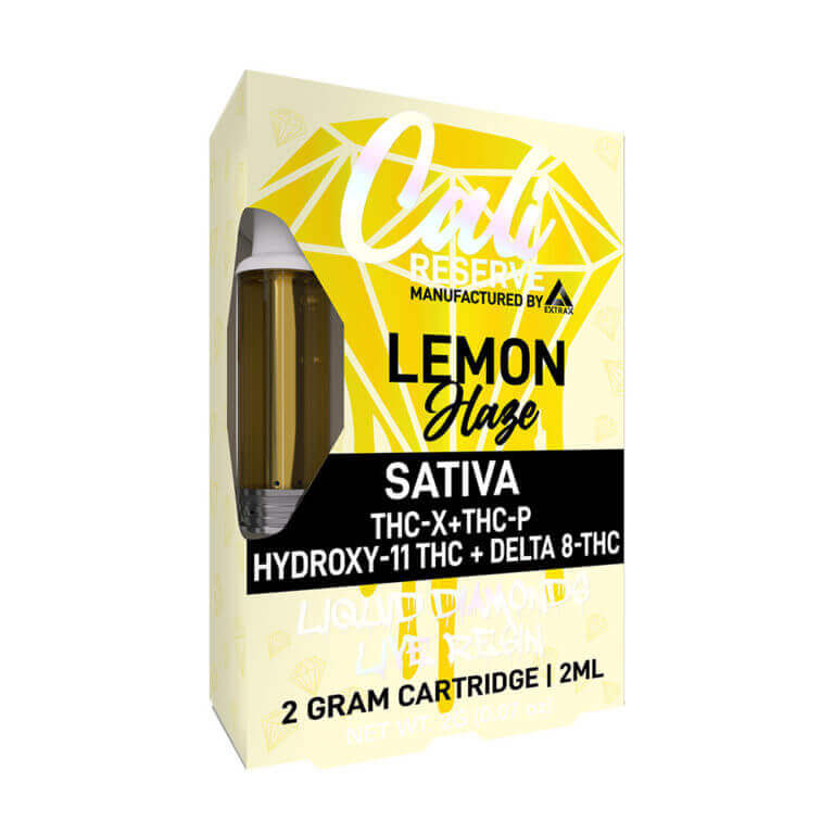 The packaging of the Cali Extrax "Cali Reserve Liquid Diamond Cartridges" emphasizes its unique blend. Featuring THC-X, THC-P, Hydroxy-11 THC, and Delta 8-THC, this impressive cartridge offers a 2-gram capacity for an unparalleled vaping experience.