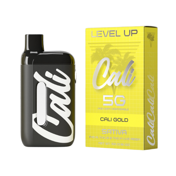 A sleek black vape pen with "Cali" printed on its side is next to a vibrant yellow box labeled "Cali Extrax Level Up Blend Disposable | 5g, Sativa," featuring additional branding and details in white and black, emphasizing its use of live resin terpenes.
