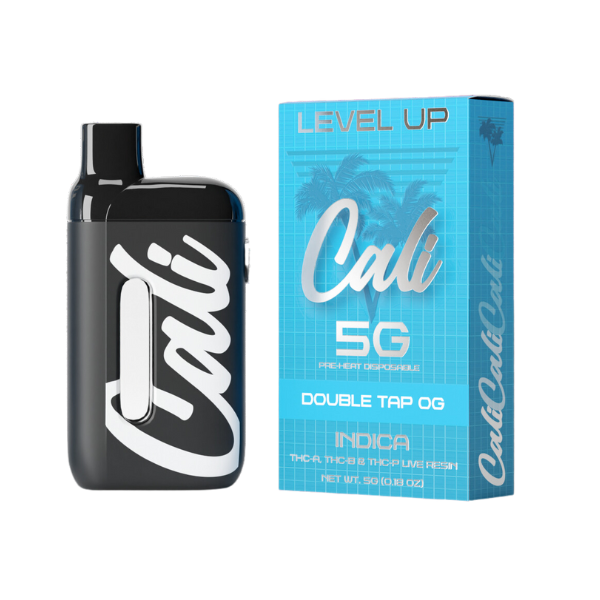 Image of a Cali Extrax Level Up Blend Disposable | 5g and its packaging, featuring the "Double Tap OG" Indica strain with live resin terpenes. The box is blue, and the vape device is black with white writing.