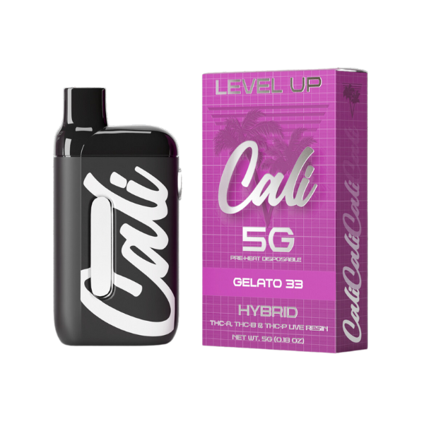 Image of a black vaping device and a purple and white box labeled "Cali Extrax Level Up Blend Disposable | 5g" and "Gelato 33 Hybrid," indicating a pre-heat disposable product containing THC-A, THC-P, and live resin terpenes. Net weight is 5g.