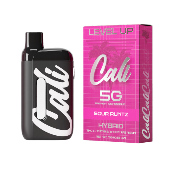 Image of a Cali Extrax branded vape device alongside its box. The pink box features text that reads "Cali Extrax Level Up Blend Disposable | 5g," "Sour Runtz," "Hybrid," and details about THC-A, THC-B, and THC-P live resin terpenes.