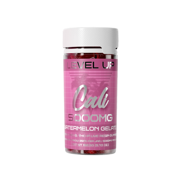 A bottle labeled "Cali Extrax Level Up Blend Gummies | 5000mg" with a white cap and pink label design, featuring live resin for an elevated experience.