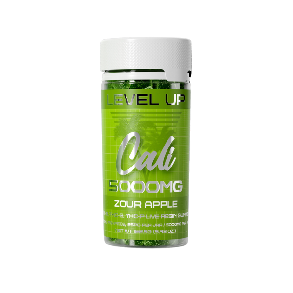 A green container labeled "Cali Extrax Level Up Blend Gummies | 5000mg," packed with live resin cannabis edibles, contains 5000mg of Delta-8, Delta-9, and THC-P gummies. The total net weight is 150 grams (5.3 oz).