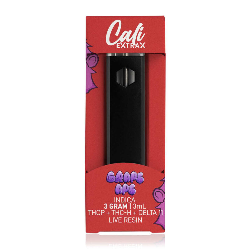 A black disposable vape pen in packaging labeled "Cali Extrax Delta 11 + THC-P + THC-H Live Resin Disposable | 3g" and "Grape Ape Indica." Contains THCP, THC-H, and Delta 11 Live Resin.