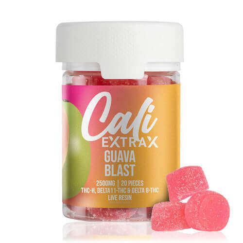 A clear plastic container labeled "Cali Extrax Live Resin Gummies | 2500mg" contains pink gummy candies, featuring 2500mg of THC-H, Delta-8, and Live Resin terpenes in 20 pieces.