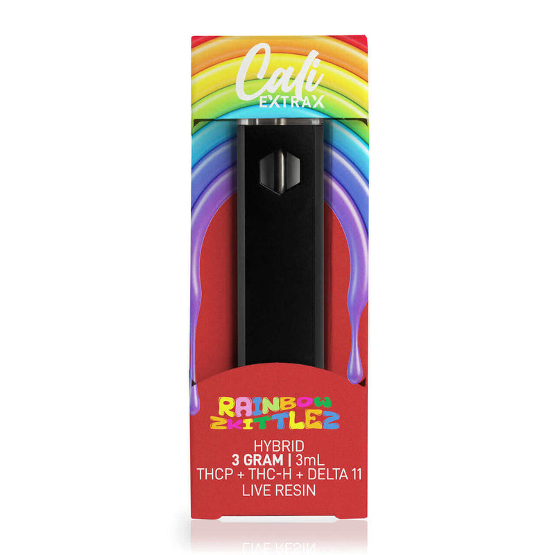 A box for the Cali Extrax Delta 11 + THC-P + THC-H Live Resin Disposable | 3g Vape Pen, featuring a vibrant rainbow design and text indicating it contains a hybrid 3-gram (3mL) live resin with THCP, THC-H, and Delta 11.