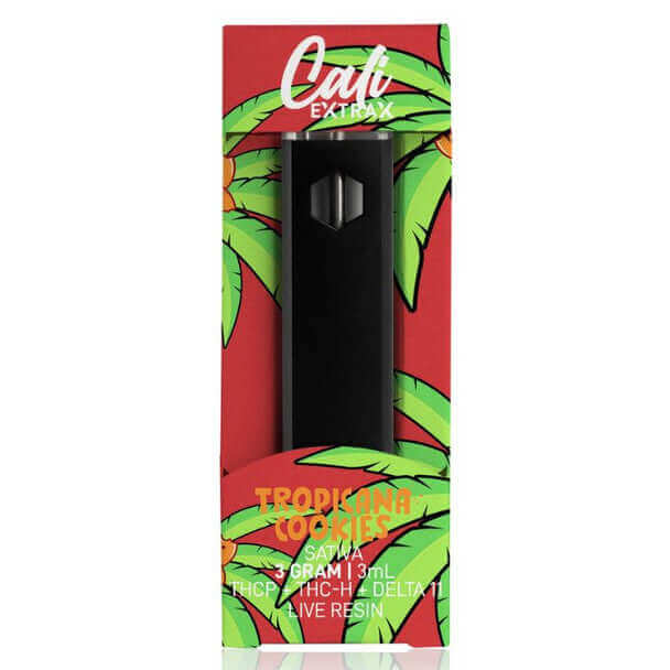 The Cali Extrax Delta 11 + THC-P + THC-H Live Resin Disposable 3g vape pen package showcases a tropical leaf design on a red background. It contains THC-P, THC-H, Delta 8, and live resin by Cali Extrax.