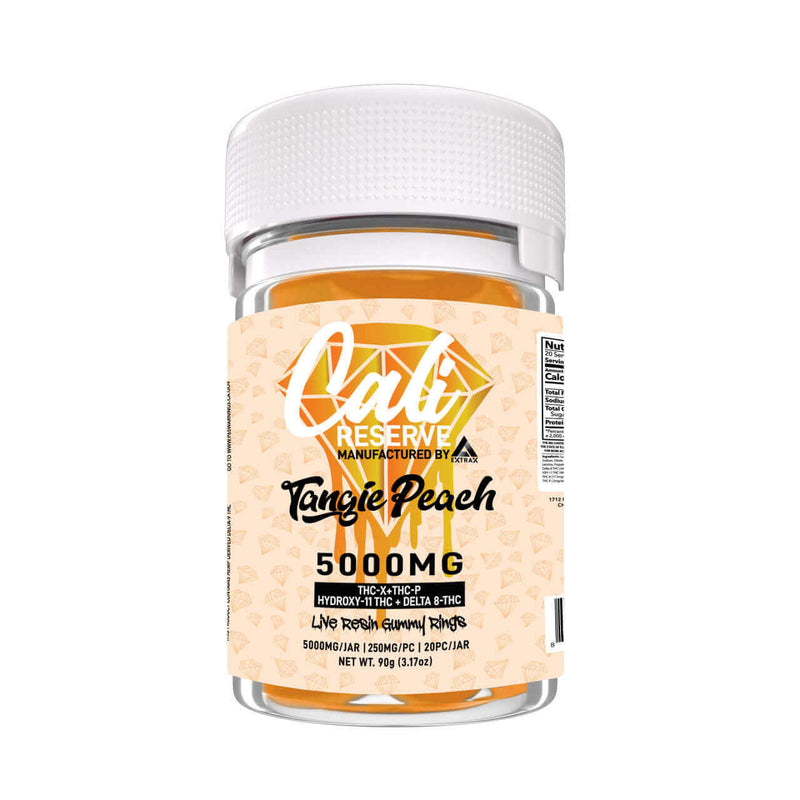 The product is a clear jar with a white lid, labeled "Cali Reserve Live Resin Gummies | 5000mg" by Cali Extrax. It features information about THC-X and other cannabinoids on a peach-themed background for an enhanced experience.