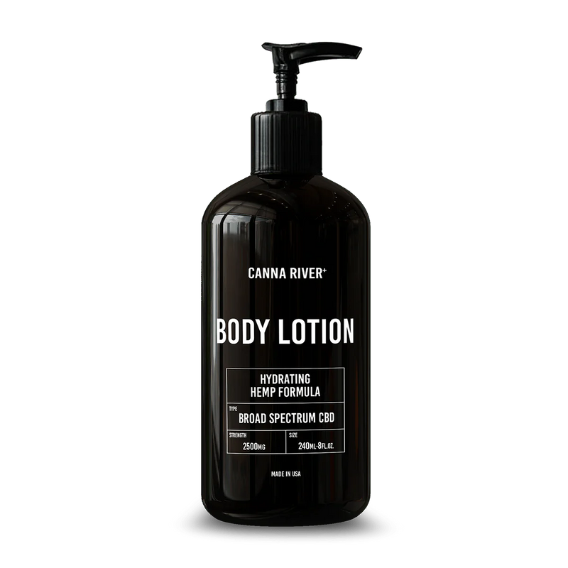A stylish black pump bottle featuring the label "Canna River CBD Body Lotion" contains a hydrating hemp formula with broad-spectrum CBD and is THC-free, offering 250mg of CBD. Made in the USA, it holds 240ml of product.