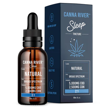 Image of Canna River CBD Sleep Tincture. A 30ml brown dropper bottle labeled "Natural" with 5,000mg Full Spectrum CBD and 2,500mg CBN next to its blue-and-black packaging box with similar details.