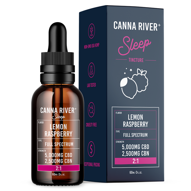 A dropper bottle and box of Canna River CBD Sleep Tincture, Lemon Raspberry flavor, containing 5,000mg Full Spectrum CBD and 2,500mg CBN.