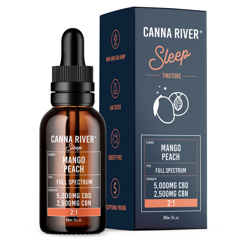 A bottle and box of Canna River CBD Sleep Tincture, flavor Mango Peach, with 5,000mg Full Spectrum CBD and 2,500mg CBN. The box highlights non-GMO ingredients, lab testing, and cruelty-free practices by Canna River.