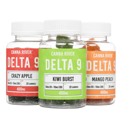 Three bottles of Canna River Delta 9 Gummies 400mg are displayed. The flavors are Crazy Apple, Kiwi Burst, and Mango Peach. Each bottle contains 20 CBD gummies, with 10mg Delta 9 and 10mg CBD per gummy.