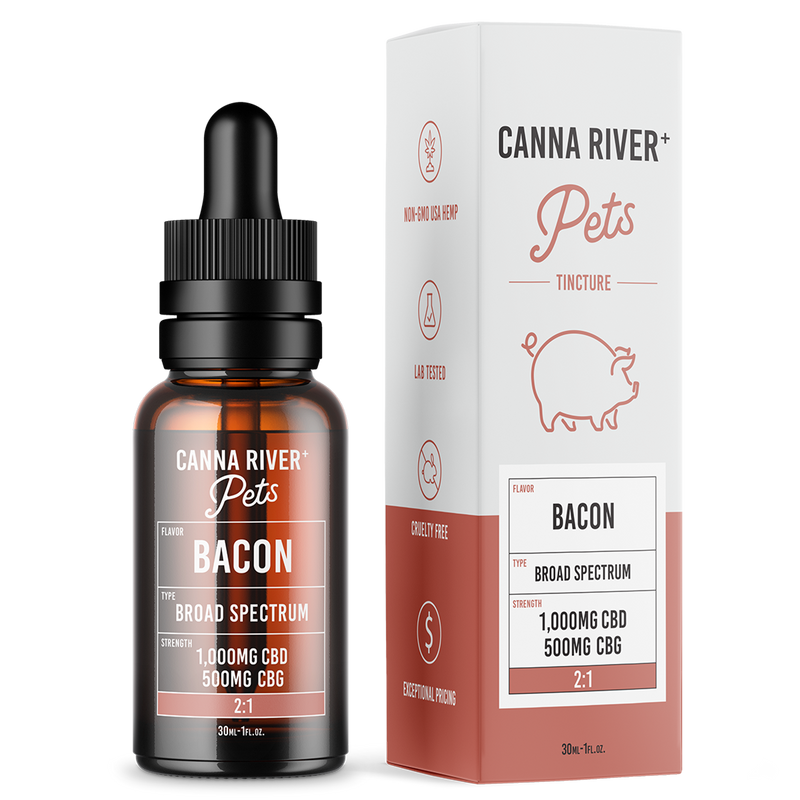 Canna River's CBD Pet Tincture in a 30ml bottle and box features a delicious bacon flavor, providing 1000mg of CBD and 500mg of CBG in a balanced 2:1 ratio. It's perfect for promoting wellness in your furry friends.