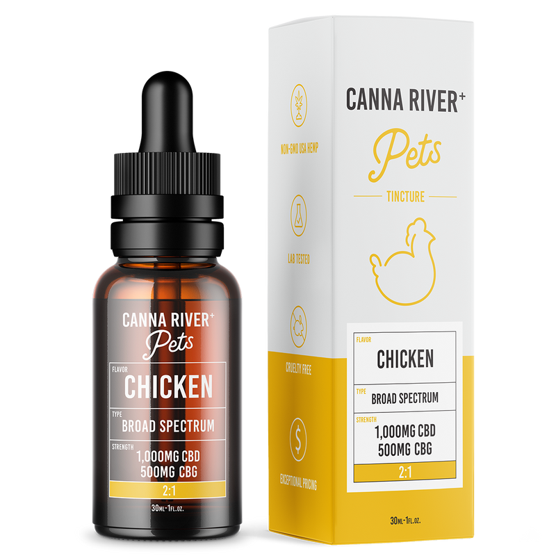 The Canna River CBD Pet Tincture offers a mouth-watering chicken flavor and includes 1000mg of CBD and 500mg of CBG in a balanced 2:1 ratio, ensuring your pet experiences both delicious taste and enhanced well-being with each drop.