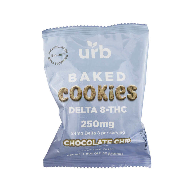 Bag of Urb Delta 8 Baked Cookies with Delta 8-THC, 250mg total and 84mg per serving, chocolate chip flavor, 1.5 oz (42.52 grams) by Urb.