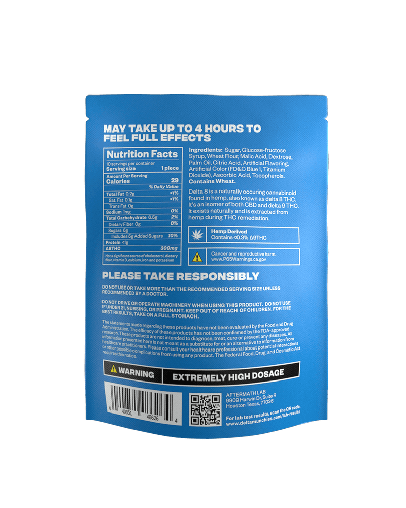 Back of a blue package showing nutrition facts, dosage warnings, ingredients, and QR code. Contains hemp-derived CBD and Delta 8 THC. Advises responsible use due to extremely high dosage. Known for the strongest Delta 8 gummies in Delta Munchies Delta 8 Sour Belts flavor by Delta Munchies.