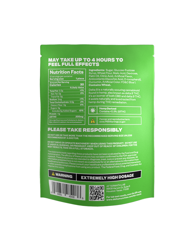 The back of a green product packaging with instructions, nutritional facts, ingredients list, and warnings for the Delta Munchies Delta 8 Sour Belts. Contains an advisory about taking up to 4 hours to feel full effects and dosage recommendations.