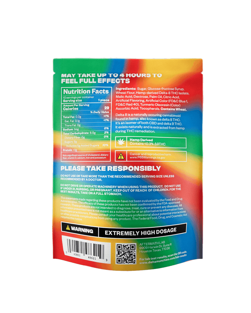 Back view of a colorful, resealable product package showing nutrition facts, ingredients, usage warnings, and a QR code at the bottom. The package has a label indicating high dosage THC gummies. Experience the strongest Delta Munchies Delta 8 Sour Belts for an intense and flavorful treat.