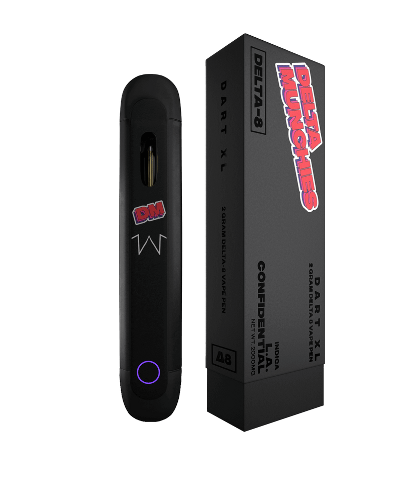 Image of a Delta Munchies Dart XL vaping pen and its box packaging. The black pen features a small display screen, button, and automatic draw technology. The black box with red and white text reads "Delta Munchies" and "Confidential," highlighting the premium quality American hemp in every Delta 8 disposable vape.