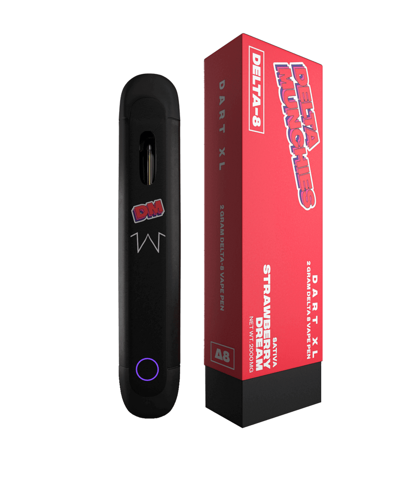 Image of a Delta Munchies Dart XL Disposable Vape device next to its packaging box labeled "Delta Munchies" Strawberry Diesel strain. The vape device, made from Premium Quality American Hemp, is black with a circular power button at the bottom and features an Automatic Draw system.