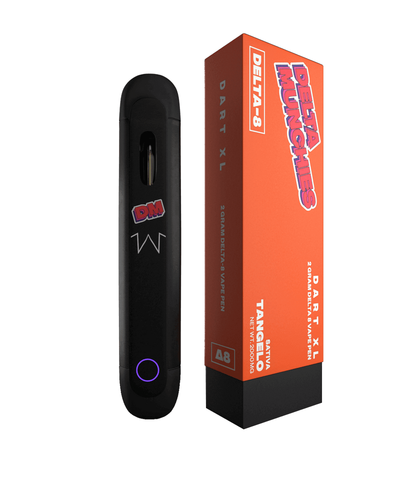 Image of the "Delta Munchies Dart XL" vaping device next to its box, showcasing the brand name "Delta Munchies" and the flavor "Tangelo," with Premium Quality American Hemp for an exquisite experience.