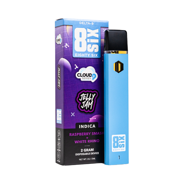 A blue disposable vape pen stands next to its packaging. The package displays text "Delta-9" and "Raspberry Smash" along with a design of raspberry images. The device is branded as "Eighty Six Brand Delta 9 Disposables | 2g.