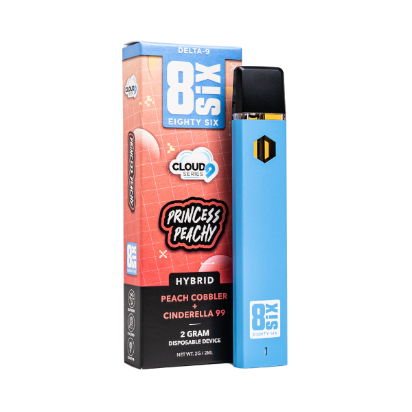A blue Eighty Six Brand Delta 9 Disposables | 2g stands next to its packaging labeled "Eighty Six Brand." The red and white box features text indicating flavors "Peach Cobbler + Cinderella 99" and "Princess Peachy" in the Cloud 9 Series, infused with Delta 9 THC.