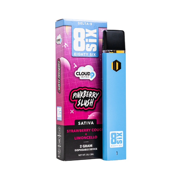 A box of Eighty Six Brand Delta 9 Disposables | 2g next to a blue disposable device. Flavors include strawberry cough and limoncello. Contains 2 grams of product.