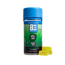 A blue container labeled "Eighty Six Brand Delta 9 Gummies" features a green Apple Jade design and holds 10 gummies containing a total of 1000 mg of Delta 9 THC. Accompanying it are three yellow hemp-derived gummies.