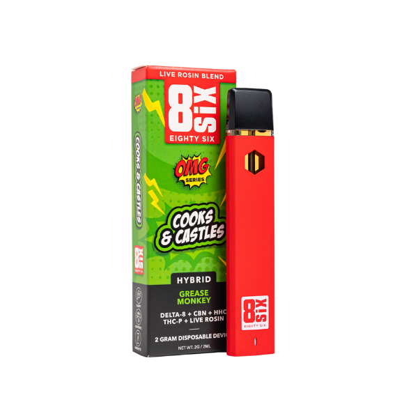 A sleek 2g red disposable vape pen from Eighty Six Brand, marked with "Cooks & Castles" and "Grease Monkey," highlights a live rosin blend infused with Delta-8 THC, CBN, HHC, and THC-P for an elevated experience.