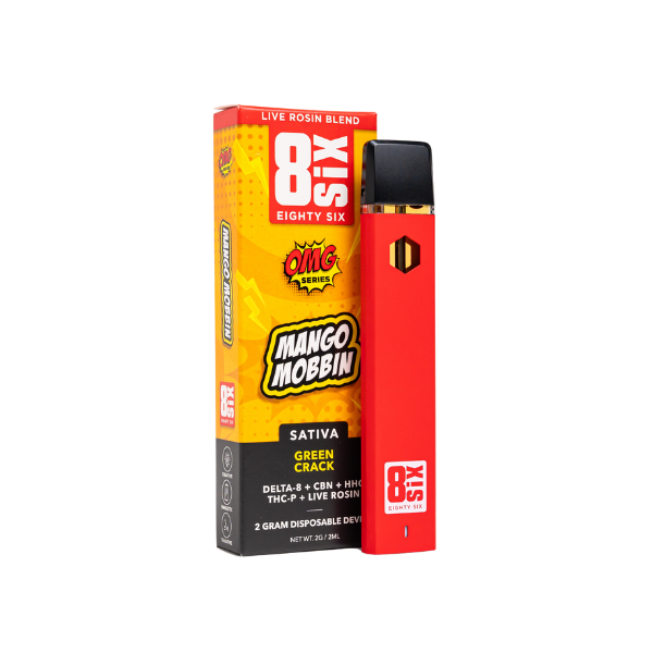 The Eighty Six Brand Live Rosin Disposable vape, vibrantly designed in red and elegantly boxed, is labeled "Mango Mobbin, Sativa, Green Crack." It features a Delta-8 THC live resin blend with CBN, HHC, and THC-P and contains 2 grams.