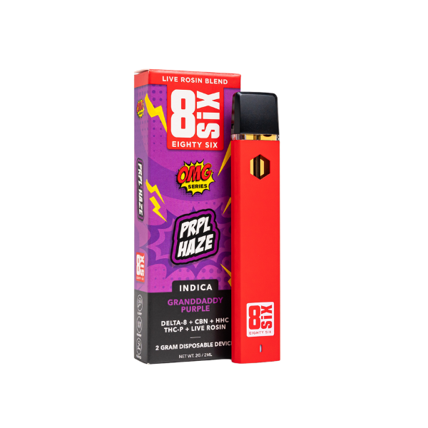 A sleek red Eighty Six Brand Live Rosin Disposable vape sits next to a purple "PRPL HAZE" box, featuring Delta-8 THC, CBN, HHC, THC-P, and Live Rosin. This 2g device offers the Granddaddy Purple flavor for a satisfying experience.