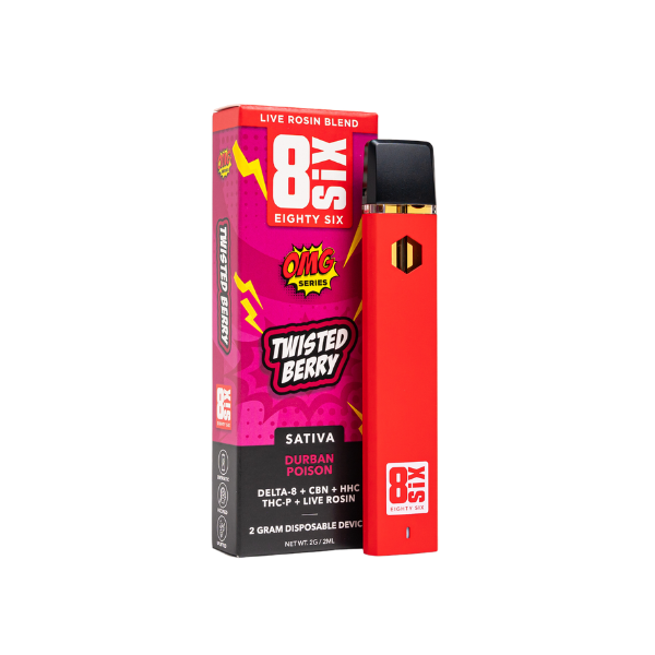 The sleek red vape pen by Eighty Six Brand, featuring the "Twisted Berry" strain, offers a unique experience with its live rosin blend of Sativa and Durban Poison, delivering Delta-8 THC in a 2g disposable format.