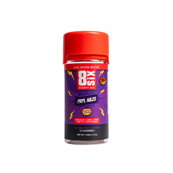 A small bottle labeled "Eighty Six Brand Live Rosin Gummies," from Eighty Six Brand, containing 10 gummies with 10 mg Delta 8 THC per serving. The bottle has a red cap and a purple and red design with lightning graphics.