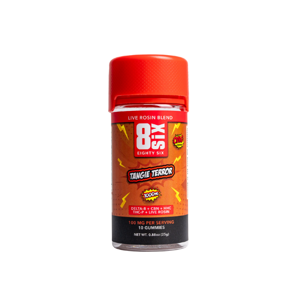 A bottle labeled "Eighty Six Brand Live Rosin Gummies" from Eighty Six Brand contains 10 Live Rosin Gummies with a Delta 8 THC blend. The orange bottle with red accents displays a dosage of 100mg per serving.