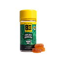 A container labeled "Eighty Six Brand THC-P Gummies" with a yellow lid holds 10 hemp-derived THC gummies called Melon Dreams 1000 mg. Three orange gummies are displayed in front of the container.