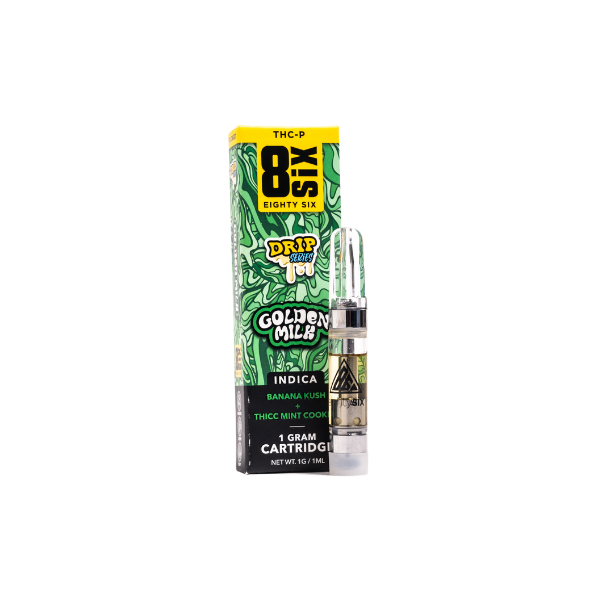 Image of an Eighty Six Brand THC-P Vape Cartridge | 1g with the flavor “Golden Milk,” a premium hemp-derived THC-P indica strain. Packaging is green, yellow, and black with text indicating 1 gram net weight and banana kush flavor. Proudly part of the Eighty Six Brand collection.