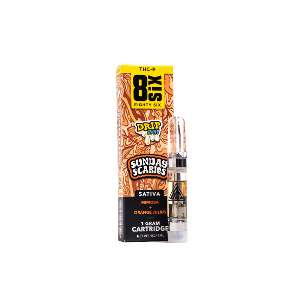 A one-gram premium hemp-derived THC-P vape cartridge labeled "Eight Six Brand THC-P Vape Cartridge | 1g, Mimosa Orange Julius" and branded as Eighty Six Brand. The packaging is orange with black and white text.