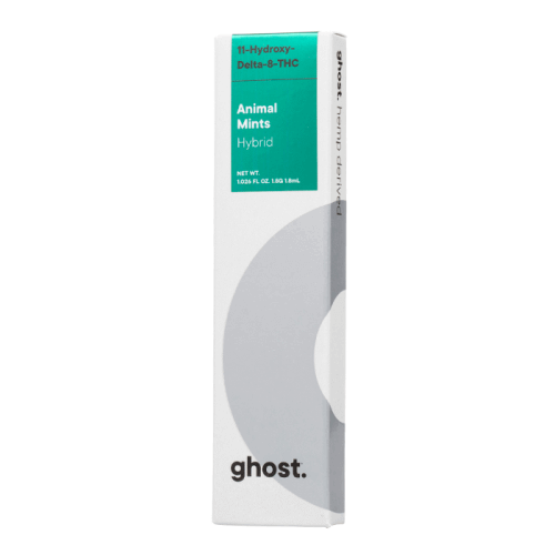 The image shows a white and green box labeled "Ghost Delta 11 Disposable Vape | 1.8g," containing 1.025 fl oz of a Delta-8 THC product from Ghost.