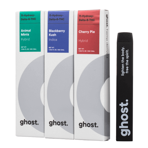 Image showing three boxes of Ghost Delta 11 Disposable Vape | 1.8g in flavors Animal Mints, Blackberry Kush, and Cherry Pie, alongside a black Ghost vape pen with white text "lighten the body, free the spirit." These Delta-11 cannabinoid disposable vapes offer a unique experience for enthusiasts.