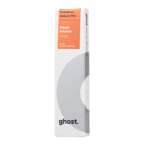 A white rectangular box labeled "ghost." with orange accents displays "Ghost Delta 11 Disposable Vape | 1.8g" from Ghost. Contains 1.025g or 1.05mL of product, perfect for those seeking the unique effects of disposable vapes containing Delta-11 cannabinoid.