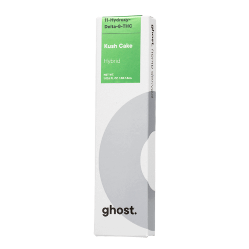 A rectangular white package with green and gray labeling displaying "Ghost Delta 11 Disposable Vape | 1.8g" from the brand "Ghost." The package mentions Delta-8-THC and highlights Delta-11 cannabinoid, with a net weight of 1.00g (1.0mL).