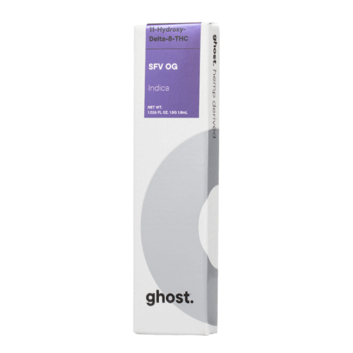 Packaging for a Ghost Delta 11 Disposable Vape | 1.8g product by Ghost. The box is predominantly white with purple and gray accents, and mentions "1.1-Hydroxy-Delta-8-THC" and "hemp derived." Perfect for those seeking the benefits of Delta-11 cannabinoids in convenient Disposable Vapes.