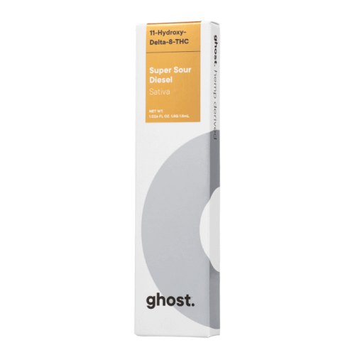 Image of a product box labeled "ghost." with "Super Sour Diesel" and "11-Hydroxy-Delta-8-THC" visible on the front. The product, by Ghost, is described as Sativa with a net weight of 1.0 mL (approx. 1.05g). This high-quality item is perfect for enthusiasts of disposable vapes and Delta

Ghost Delta 11 Disposable Vape | 1.8g

