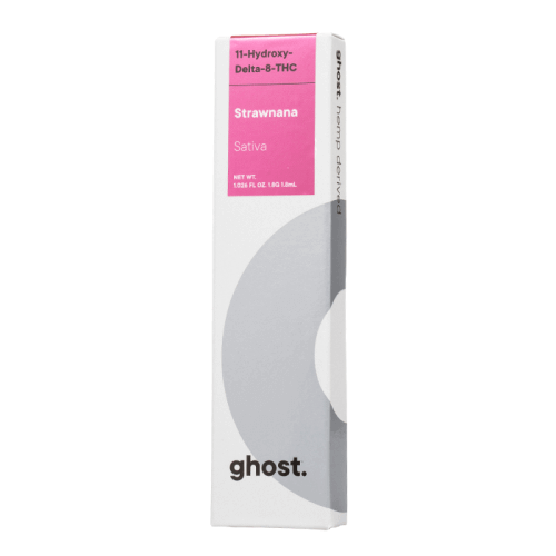 A rectangular product box with white, gray, and pink colors, labeled "Ghost Delta 11 Disposable Vape | 1.8g Strawnana Sativa." The box features the brand name "Ghost" and specifies 1.025 fl. oz. (30.3 mL).