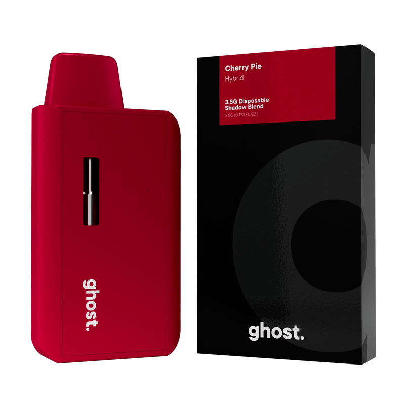 A red Ghost vaporizer device sits beside a sophisticated black and red box labeled "Ghost Shadow Blend Disposable | 3.5g," boasting Delta 6 THC for an elevated experience.