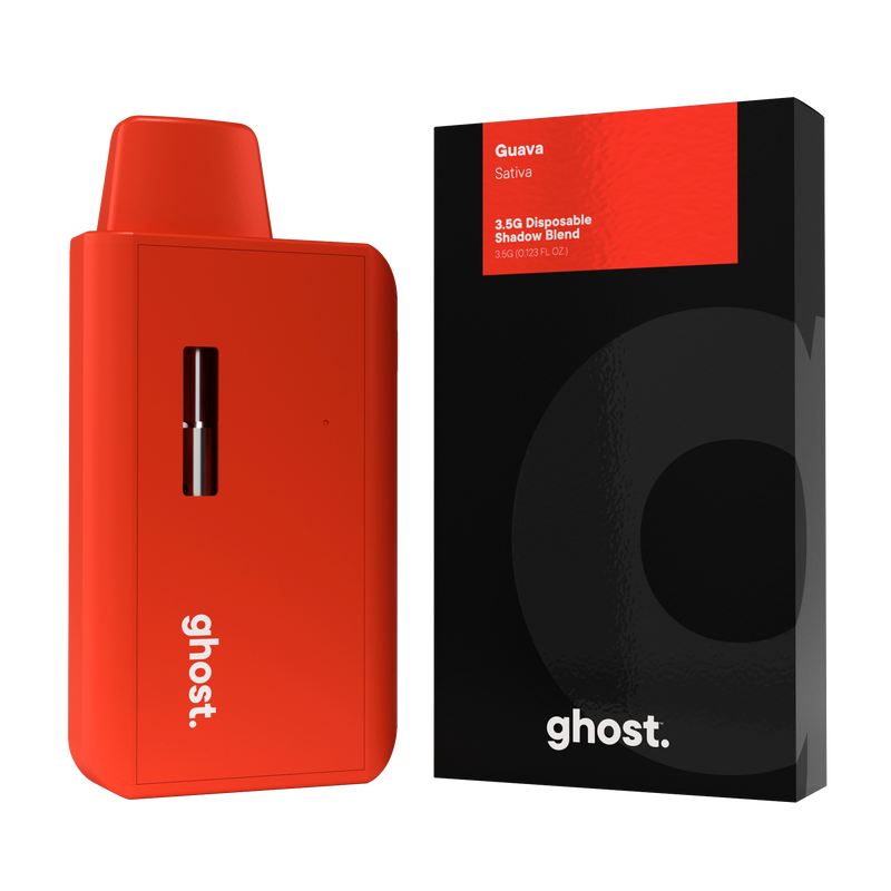 Ghost Shadow Blend Disposable | 3.5g Delta 6 THC vape pen labeled "Guava" next to a matching black and red box from the Ghost Shadow Blend collection by Ghost.