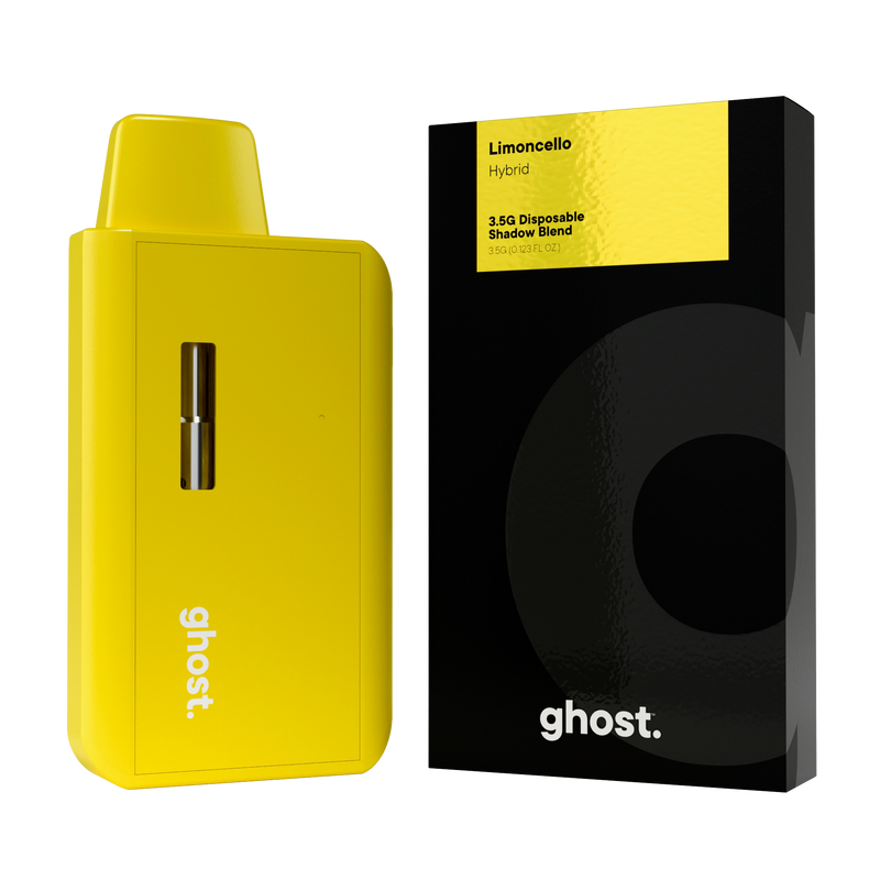 A yellow Ghost Shadow Blend Disposable | 3.5g vape device by Ghost is next to its packaging, which is labeled "Limoncello Hybrid" and "3.5g Disposable Shadow Blend," incorporating Delta 6 THC for a premium experience.